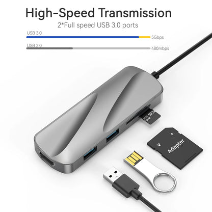 KOOTION USB C Hub 6-in-1 USB-C Hub for Laptop with 4K HDMI Adapter, 2 x USB 3.0 Ports, SD/TF Card Reader, PD Charging Port,