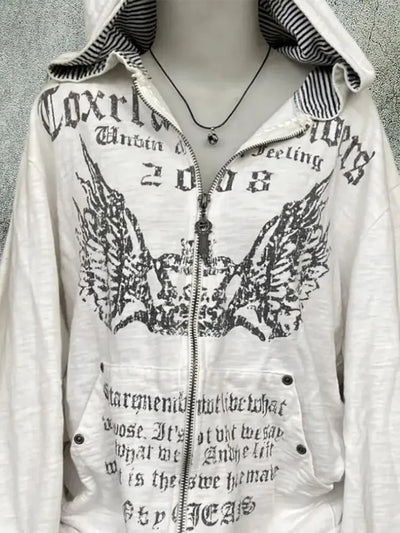 Vintage Sweatshirts 2025 Women's Clothes White Print Tunic Hooded Y2k Coat Streetwear Fashion Casual Hoodies Tops Ropa Mujer - Smarsty