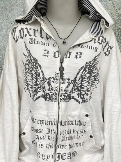 Vintage Sweatshirts 2025 Women's Clothes White Print Tunic Hooded Y2k Coat Streetwear Fashion Casual Hoodies Tops Ropa Mujer