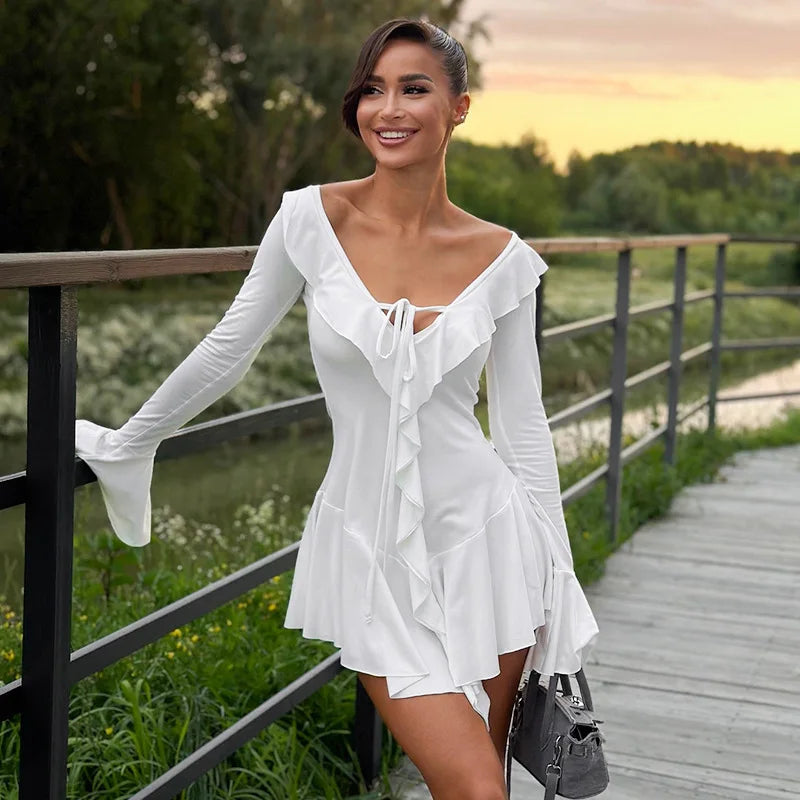 Tossy Ruffled Lace-Up White Mini Dress Women's V-Neck Patchwork Long Sleeve Sexy Slim Dress Bandage Elegant Female Summer Dress - Smarsty