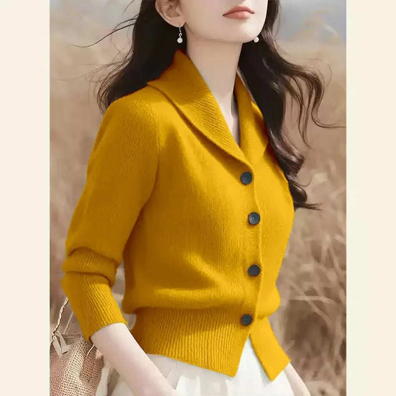 2025 New Spring Autumn Turndown Collar High End Women Knitt Cardigan Sweater Fashion Korean Version Female Knitwear Tops - Smarsty