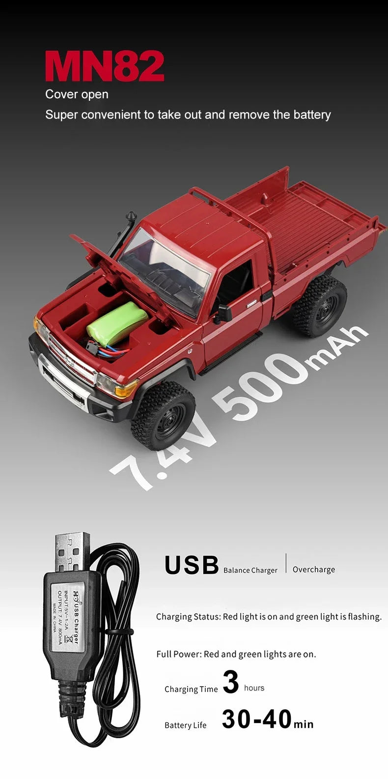 MN82 4WD RC Off-road Vehicle 1/12 LC79 Pickup Climbing Car with LED Lights Full Size Simulation RC Climbing Car Boy Toy Car