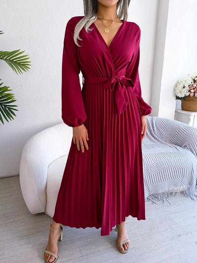 Women Elegant V Neck Long Sleeve Pleated Maxi Dress - Smarsty