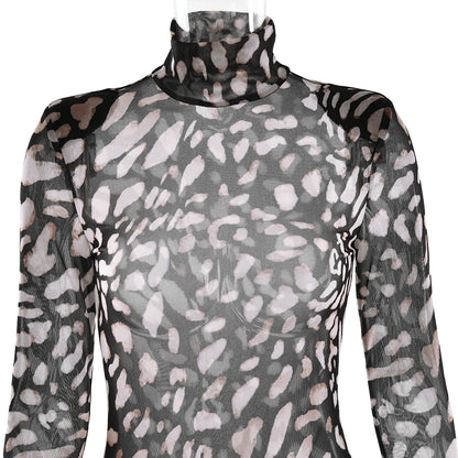 Fantoye Turtleneck Sexy Sheer Print Leopard Bandage Women Dress Long Sleeve Mini Dress Lady Spring Slim Elegant Party Club Dress - Smarsty