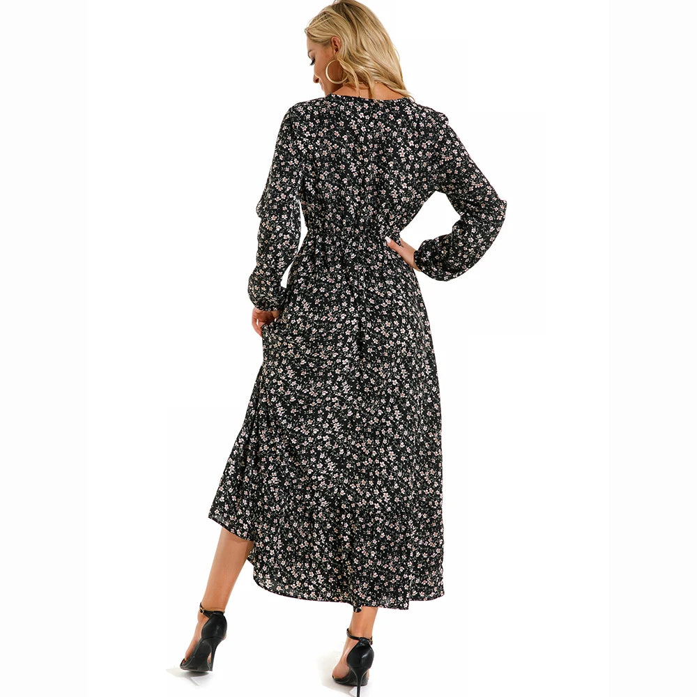 2023 Sping Summer Bohemian Women Maxi Dress Casual Long Sleeve High Waist Beach Woman Chiffon Dresses Floral Vestidoes Mujer New - Smarsty