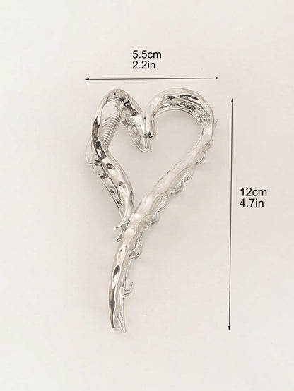 Large Silver Heart Hair Claw Clip Elegant Secure Hold - Smarsty