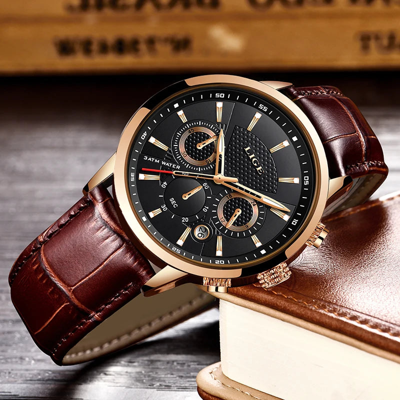 LIGE Luxury Men's Leather Sport Watch with Chronograph - Smarsty