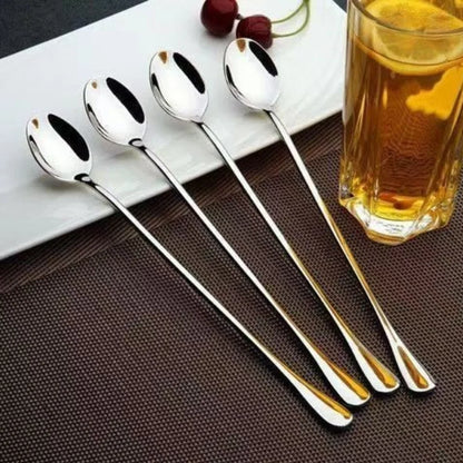 6PCS Long-handled spoon, thickened stainless steel coffee spoon, pointed stirring spoon, round-tipped spoon, ice spoon