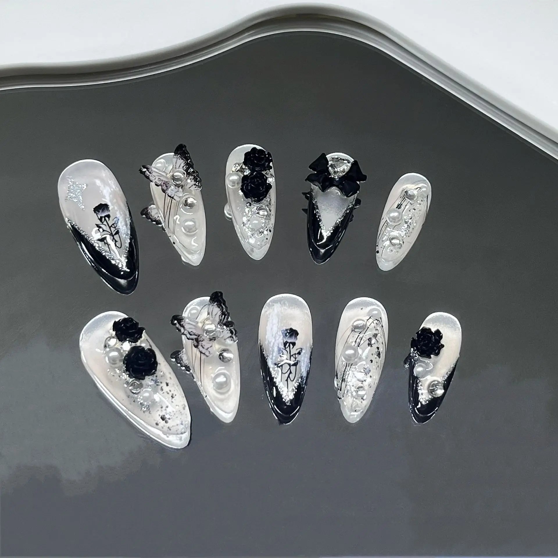 Dark Black Stiletto Press On Nails with Butterfly Design - Smarsty