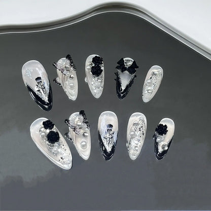 Dark Black Stiletto Press On Nails with Butterfly Design - Smarsty