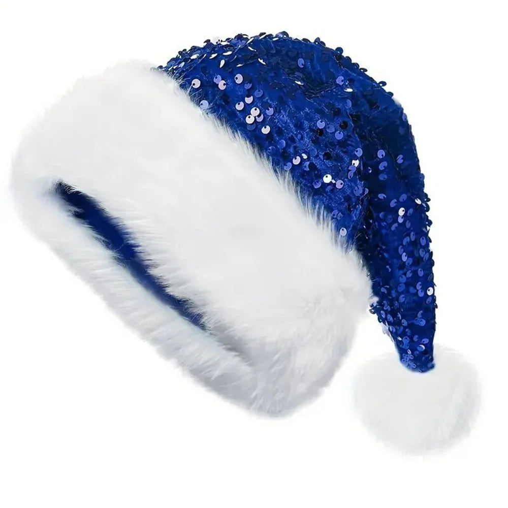 Sequin Christmas Hat Plush Solid Color Sparkle Santa Claus Hat with Long Fluffy Pompom For Adult Kids Christmas Party Decoration - Smarsty