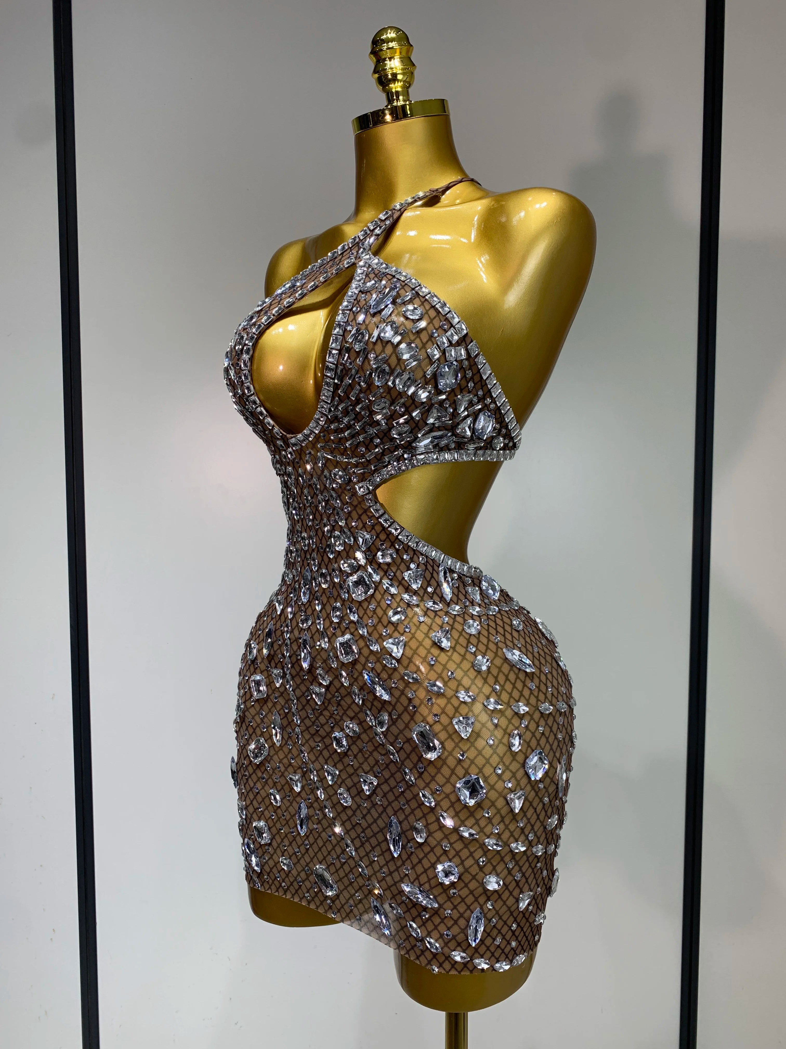 Sexy Sparkly Diamond Backless Short Dress 2025 Women Sleeveless Mesh See Through Evening Birthday Gown Singer Stage Outfit - Smarsty