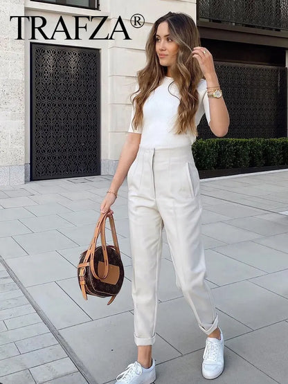TRAFZA Women Elegant Solid Pencil Pants High Waist Pant For Women Casual Streetwear Woman Trousers Office Wear Chic Pant - Smarsty