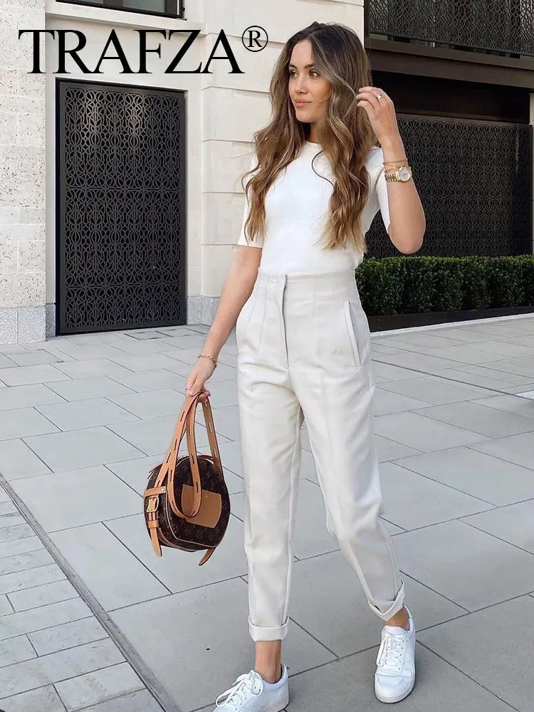 TRAFZA Women Elegant Solid Pencil Pants High Waist Pant For Women Casual Streetwear Woman Trousers Office Wear Chic Pant - Smarsty