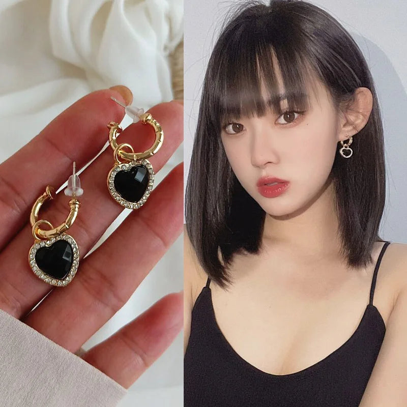 Elegant Black Heart Rhinestone Dangle Earrings for Women - Smarsty