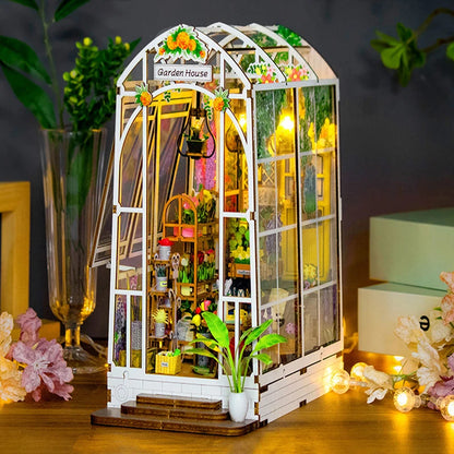 Wooden Flower Garden Doll House DIY Garden House Book Nook Shelf Insert 3D Puzzle Assembly Building Bookshelf With LED Lights