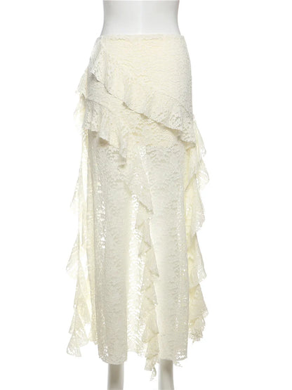 Nibber Tassels Women Skirts Irregular Hem Multi-Layered Ruffles Lace Patchwork Sweet Summer Trend Daily Skinny Versatile Bottoms - Smarsty