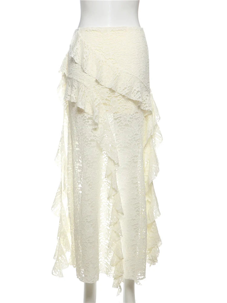 Nibber Tassels Women Skirts Irregular Hem Multi-Layered Ruffles Lace Patchwork Sweet Summer Trend Daily Skinny Versatile Bottoms - Smarsty