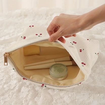 Cherry Print Corduroy Makeup Bag With Lightweight Zipper - Smarsty
