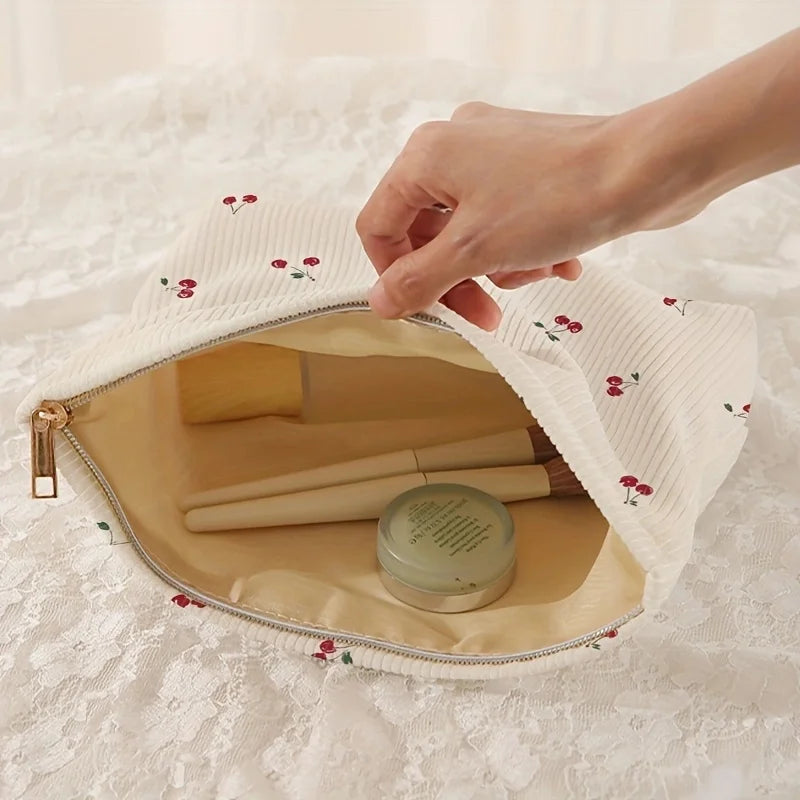 Cherry Print Corduroy Makeup Bag With Lightweight Zipper - Smarsty