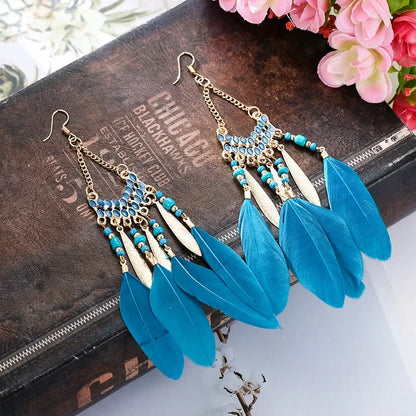 Bohemian Feather Dangle Earrings with Colorful Tassels - Smarsty