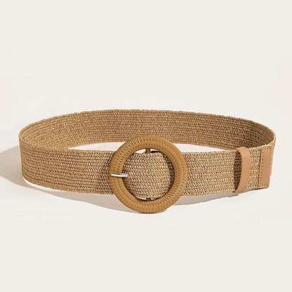 Women Boho Straw Belt with Round Buckle for Beach - Smarsty