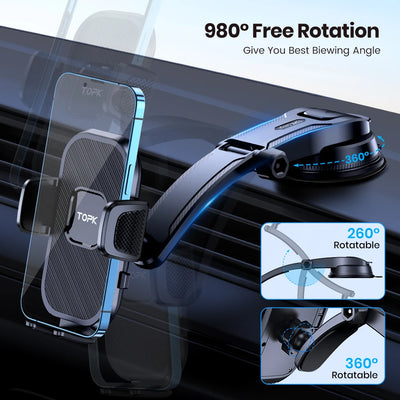 TOPK Universal Car Phone Holder Dashboard Mount for iPhone Android 360° Rotatable Anti-Slip Easy Install Compact Design Durable - Smarsty