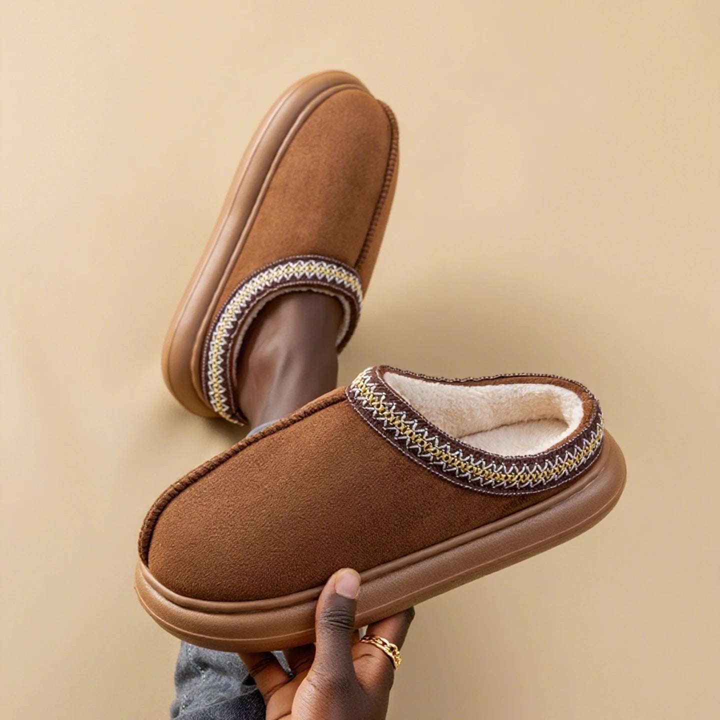 Men's Plush Fleece Lined Slippers Winter Warm House Shoes with Thick EVA Sole for Indoor/Outdoor Use Cozy Non-Slip Home Footwear - Smarsty