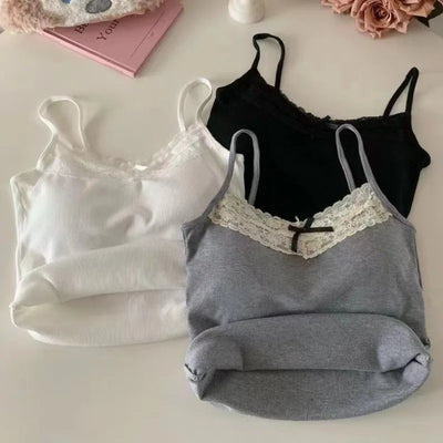 New Knitted Crop Top For Women Solid Color Lace Sling Tops Knitwear Tank Top Female Sexy Slim Camisole Sweet Short Beau Back Top - Smarsty