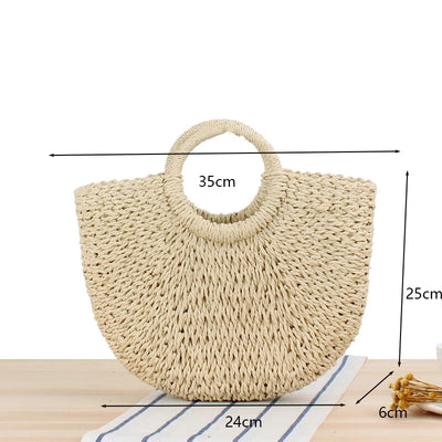 Summer Handmade Straw Bag for Women Beach Tote Moon Shaped - Smarsty