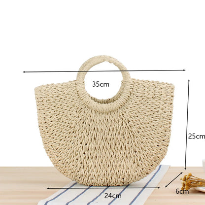 Summer Handmade Straw Bag for Women Beach Tote Moon Shaped - Smarsty