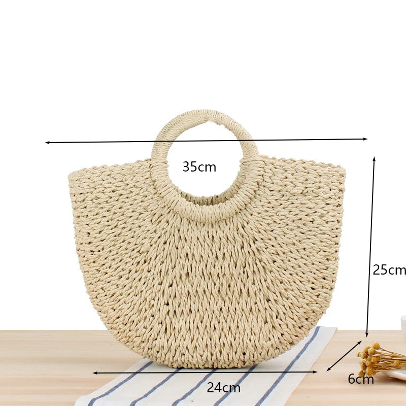 Summer Handmade Straw Bag for Women Beach Tote Moon Shaped - Smarsty