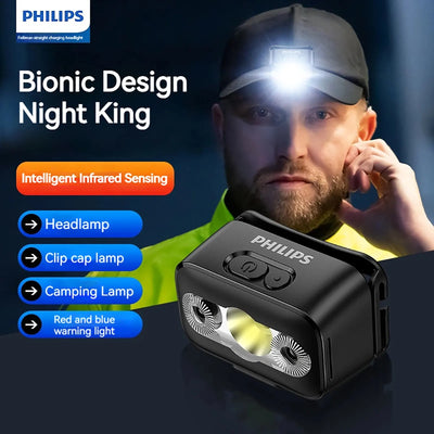 PHILIPS LED Headlamp Sensor Head Flashlight Ten Types of Lighting Type-C Rechargeable Headlight Outdoor Camping Fishing Lantern by Smarsty