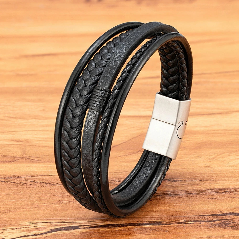 Mens Leather Bracelet Magnetic Buckle Multilayer Bangles - Smarsty