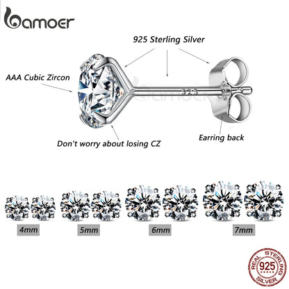 Bamoer CZ Stud Earrings 925 Sterling Silver Platinum Plated Round Cubic Zirconia Hypoallergenic Barbell Earrings 4-7mm - Smarsty