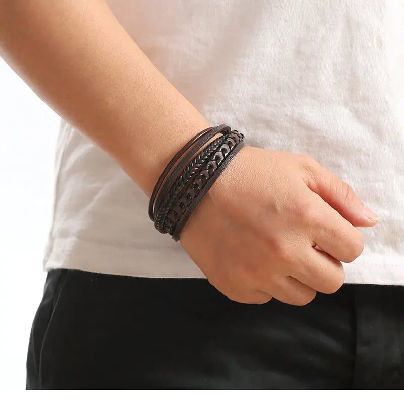 Men's Leather Braided Bracelet with Magnetic Buckle - Smarsty