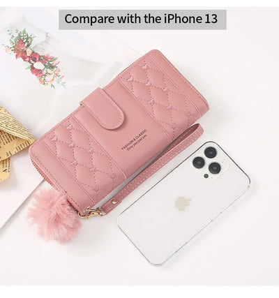 Women Long Wallet Pu Leather Card Holder Large Capacity Hasp Zipper Coin Purse Multi Card Organizer Cell Phone Wristlet Handbag - Smarsty
