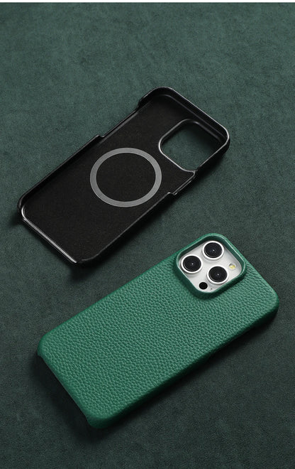 MagSafe Leather Case Natural Cowhide Lychee Finish Premium for iPhone 15, 16, 17 - Smarsty