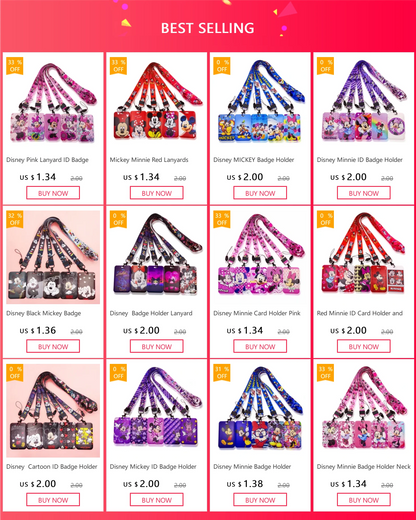 Disney Pink Lanyard ID Badge Holder Mickey Credit Card Case Neck Strap Minnie Card Holders Girl Credentials Accessories Keychain