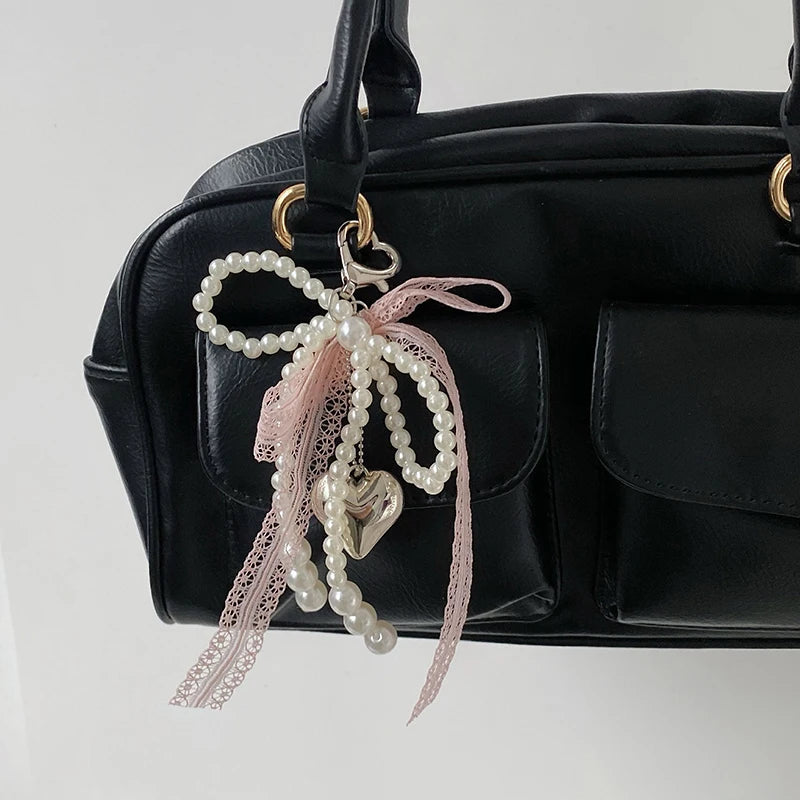 2025 New Sweet Pearl Bow Keychain Heart Lace Pendant Car Keychain Korean Y2K Beauty Girl Bag Pendant Accessory Gift