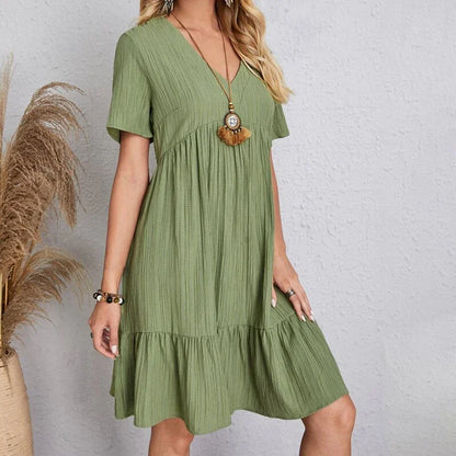 2025 Loose V-neck Short Sleeved Pleated Women Dress Solid Color A-line Beach Dresses Elegant Simple Comfortable Woman Clothing - Smarsty