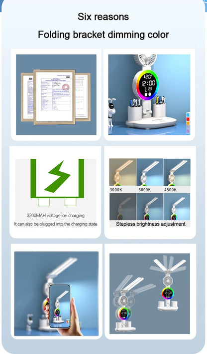 Rechargeable LED Table Lamp with Fan and Clock - Smarsty