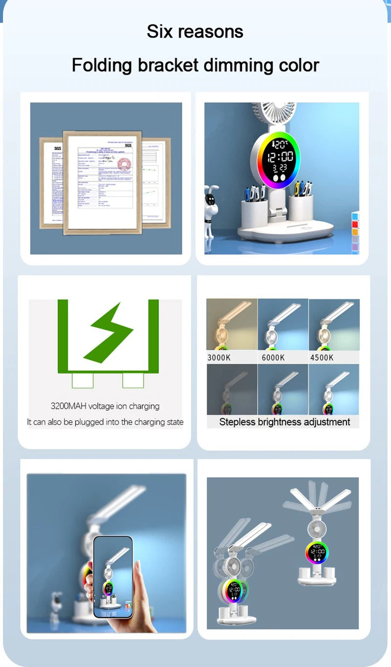Rechargeable LED Table Lamp with Fan and Clock - Smarsty