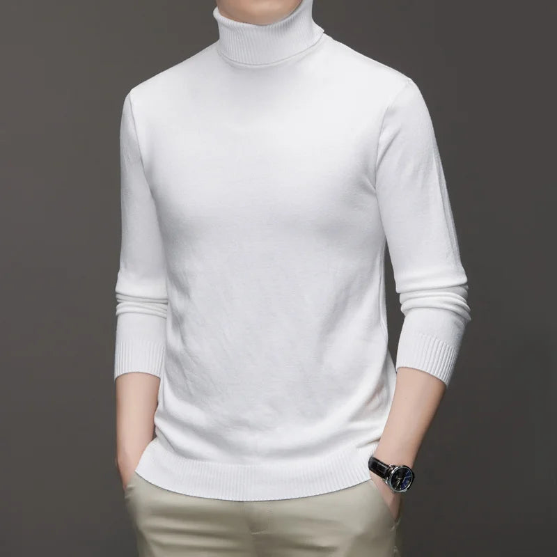 Autumn Mens High Quality Knitted Turtleneck Sweater Slim Fit Long Sleeve Anti-pilling Pullover Solid Color Trend Men Streetwea - Smarsty