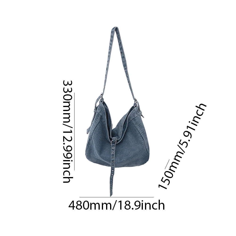 Vintage Denim Shoulder Bag Large Capacity Satchel For Women - Smarsty