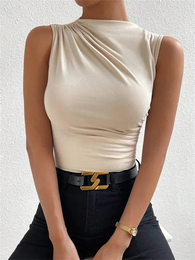 Fashion Casual Mock Neck Ruched Tank Top for Women Summer 2024 Solid Color Pleated Sleeveless Tee Shirt Tshirt Streetwear Y2K - Smarsty