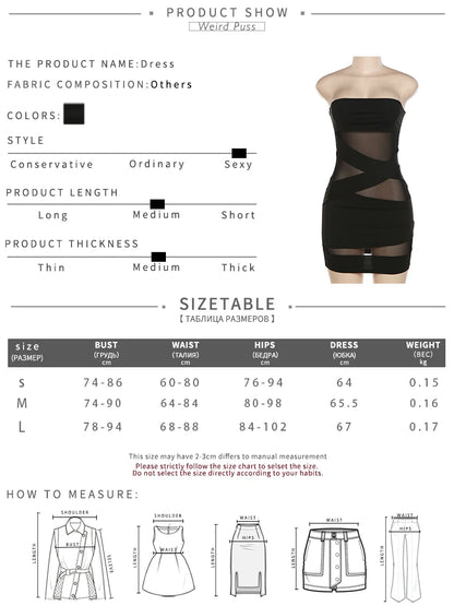 Weird Puss Party Strapless Dress Women Patchwork Mesh Summer Trend Sleeveless Midnight Sexy Hip Mini Bodycon Skinny Clubwear - Smarsty