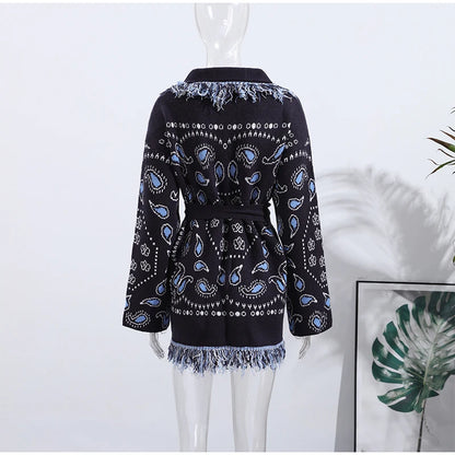 Tassel Patchwork Printed Cardigan Women Geometric Patterns Belts V-neck Long Sleeve Knitted Street Lady Sweater 2025 Autumn Coat - Smarsty