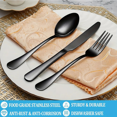 36-Piece Black Silverware Set With Steak Knives, Black Flatware Set Food-Grade Stainless Steel Tableware Cutlery Set