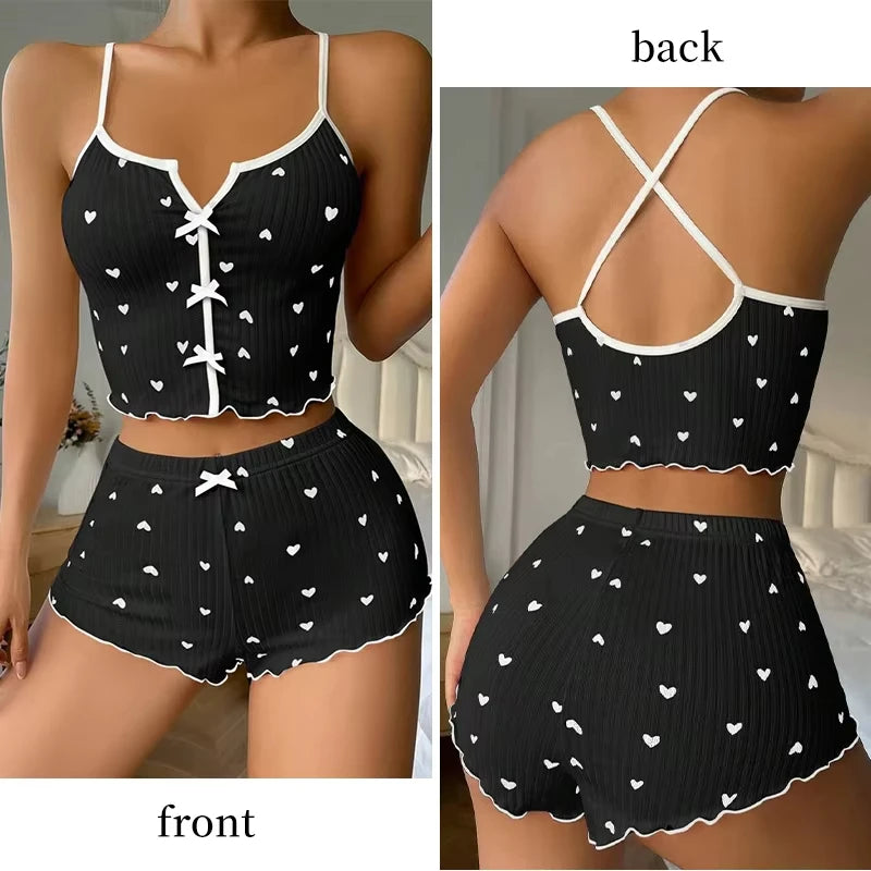 Sexy Sleepwear Women Pajamas Set Heart Print Silk Stain V-Neck Sleeveless Casual Cami Top and Shorts Sets Home Suit Loungewear - Smarsty